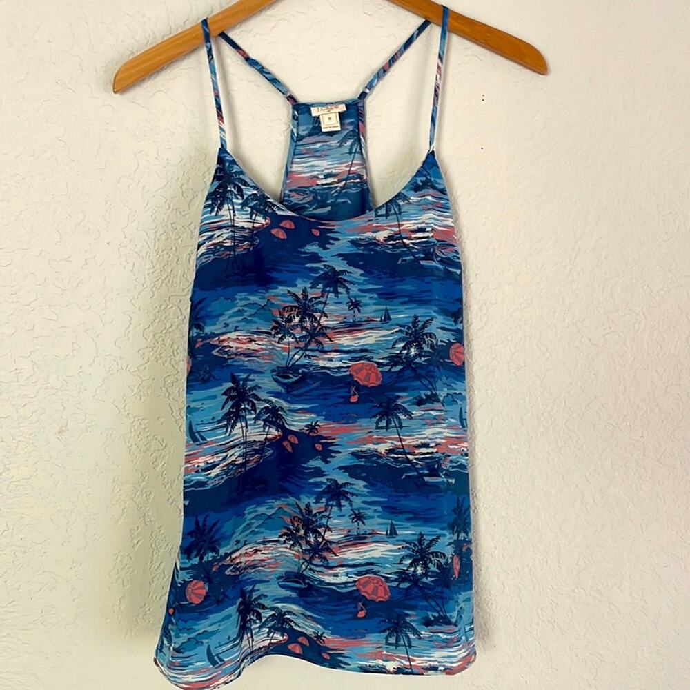 J. Crew Blue Palm Tree Halter Silky Tank Top Camisole Tropical Vacation Babydoll